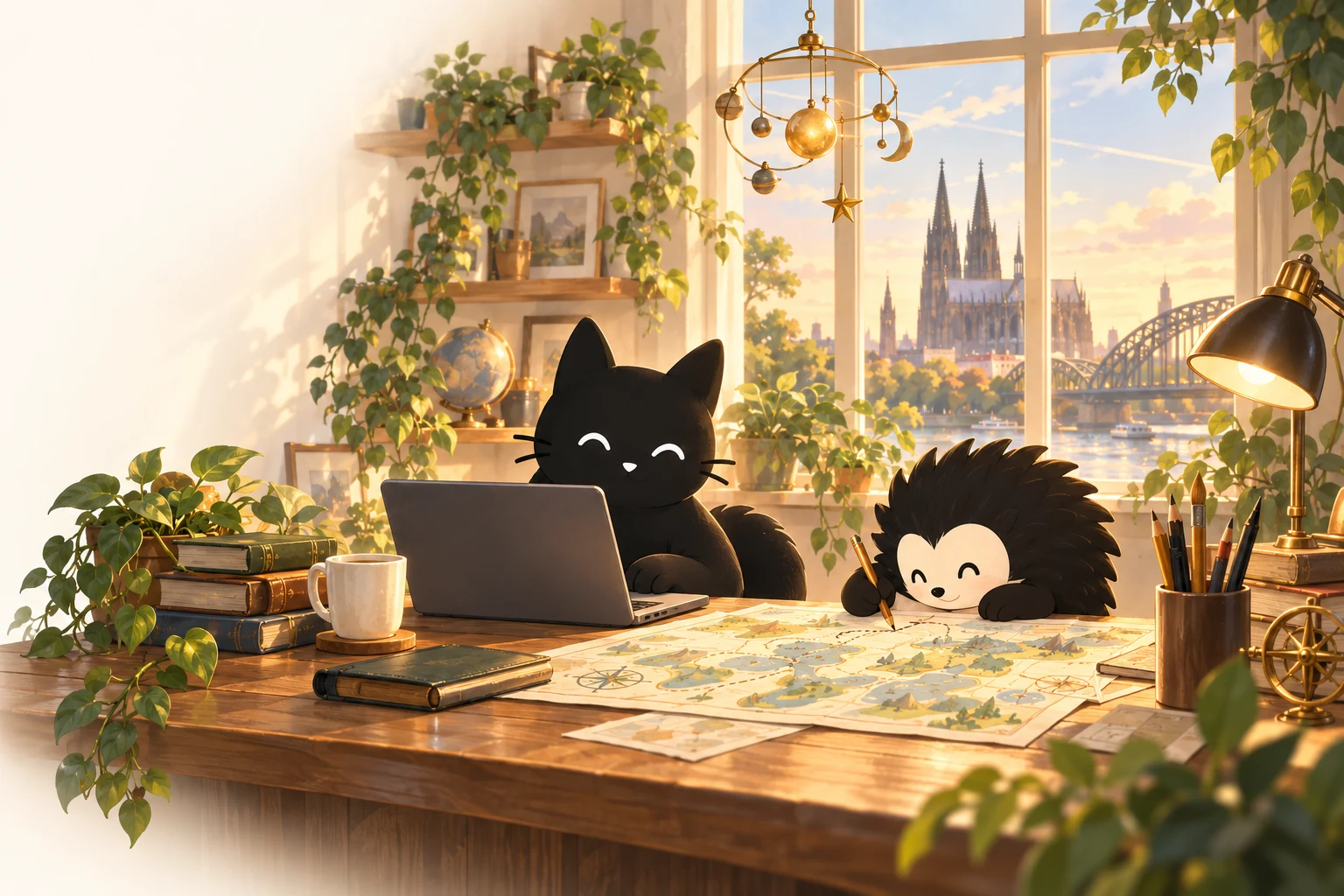 Our cat and hedgehog mascots work together: the cat at a laptop and the hedgehog drawing a map, with Cologne outside the studio window.