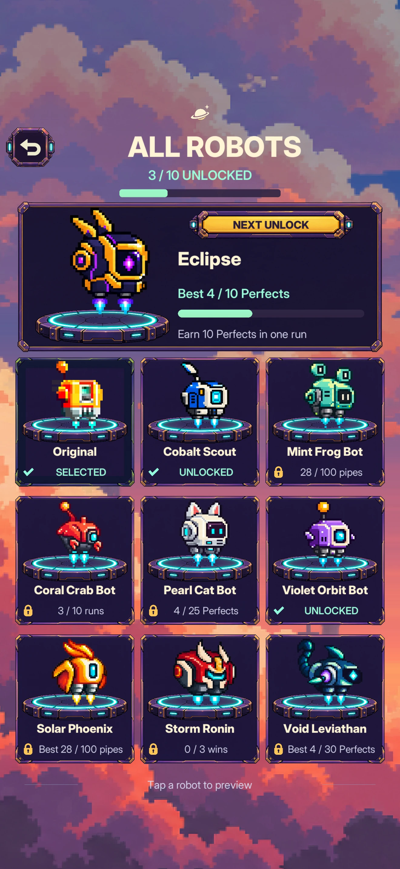 The All Robots overview with ten robots, three unlocked and Eclipse as the next unlock.