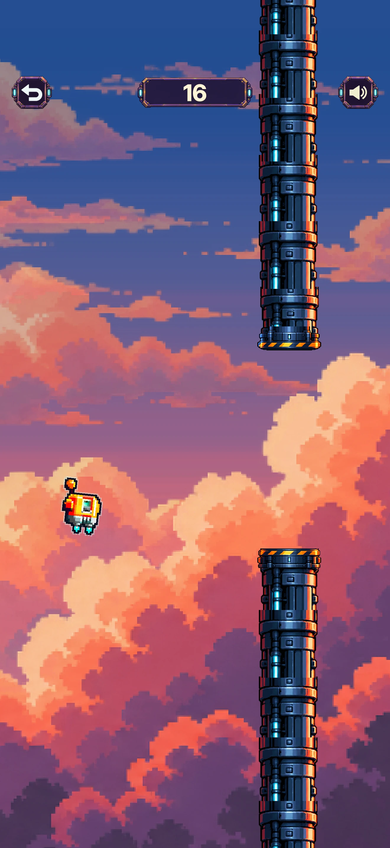 Jumpulsa gameplay: the original robot flies between industrial metal pipes in a sunset sky.