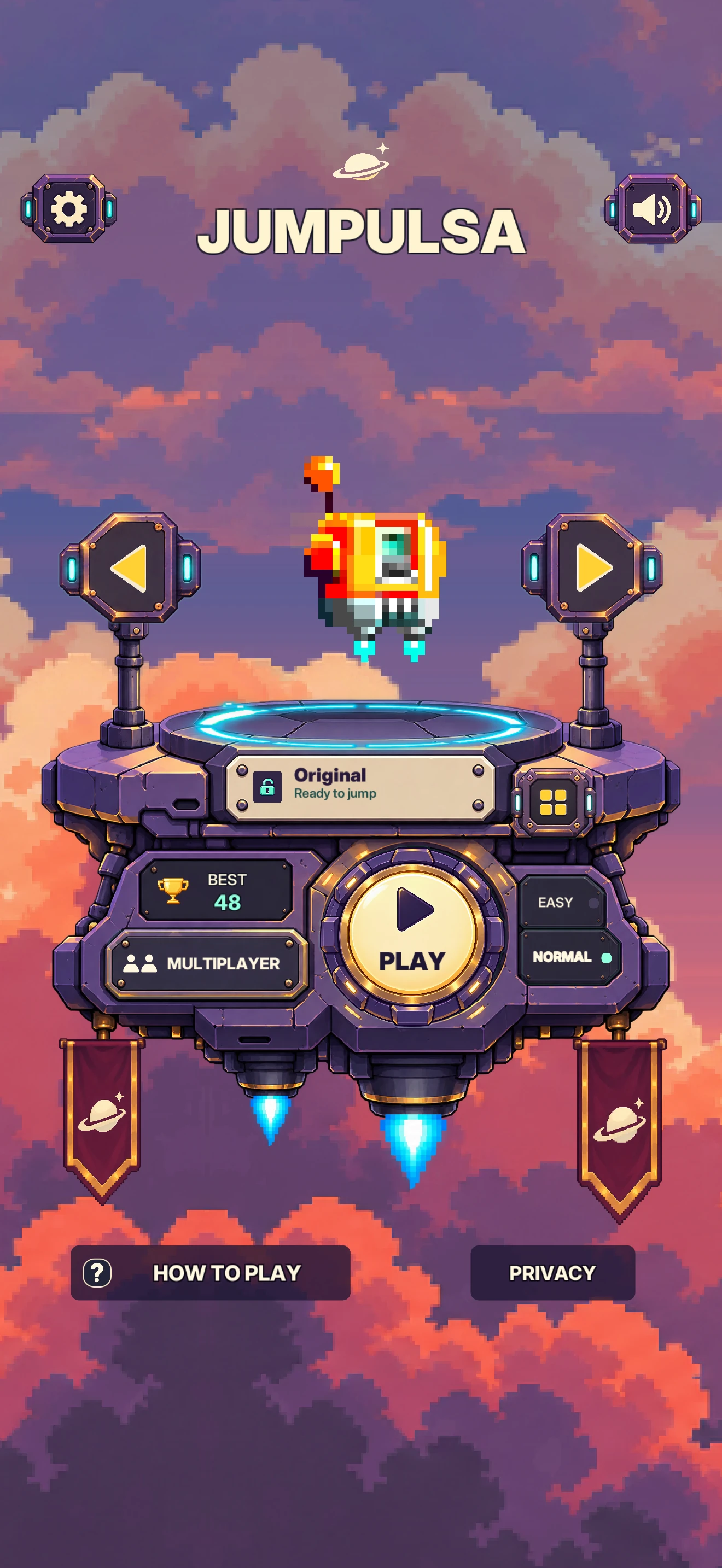 The Jumpulsa main menu with the Original robot on its launch platform, best score and Play button.