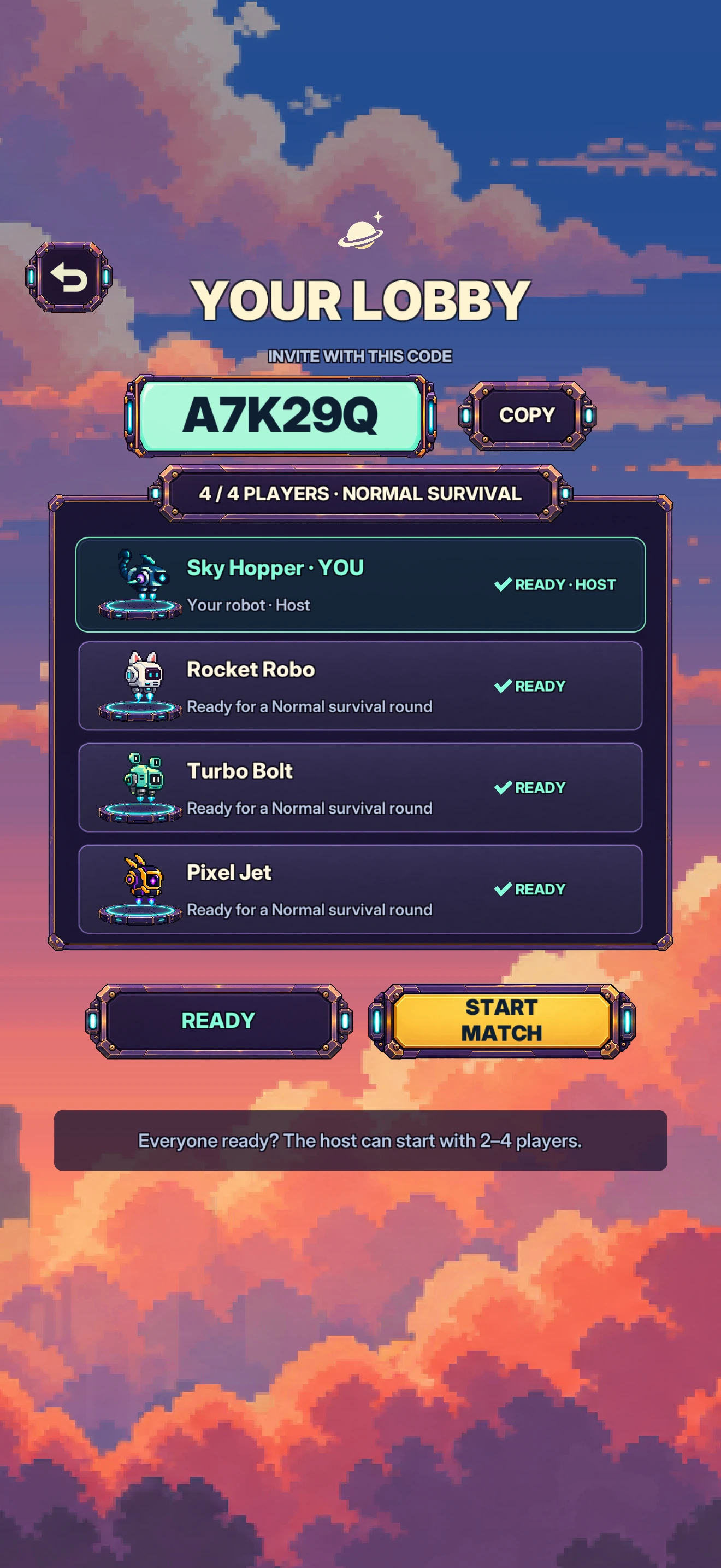 A multiplayer lobby with invite code A7K29Q and four ready players.