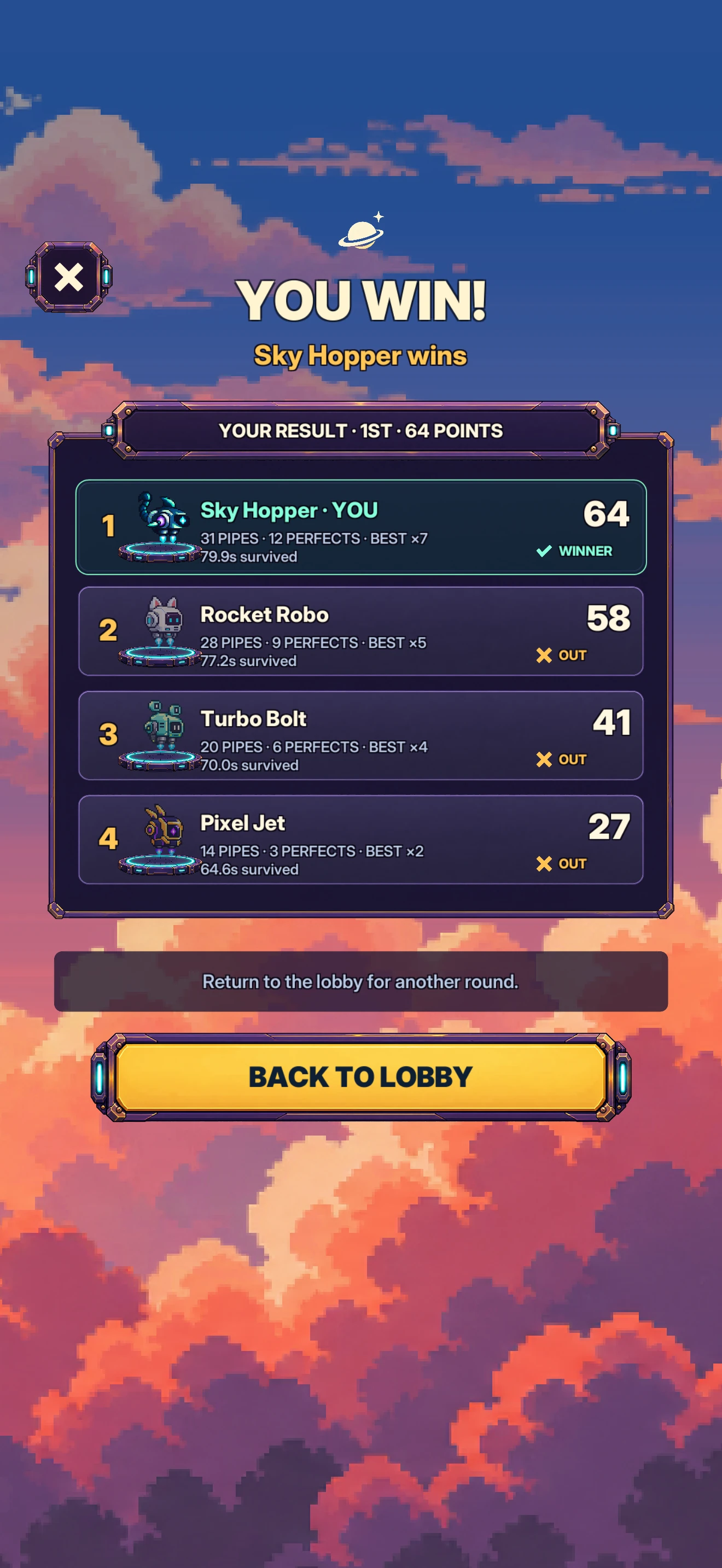 Multiplayer results: Player One wins with 64 points ahead of three other players.