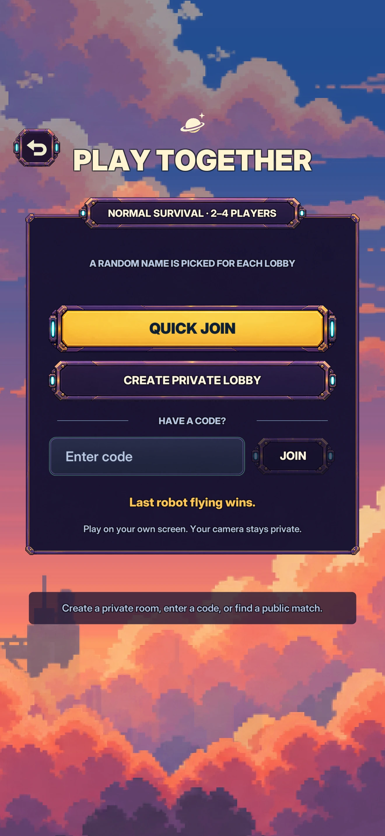 The multiplayer entry screen with the random-name hint, Quick Join, Create private lobby and Join by code.