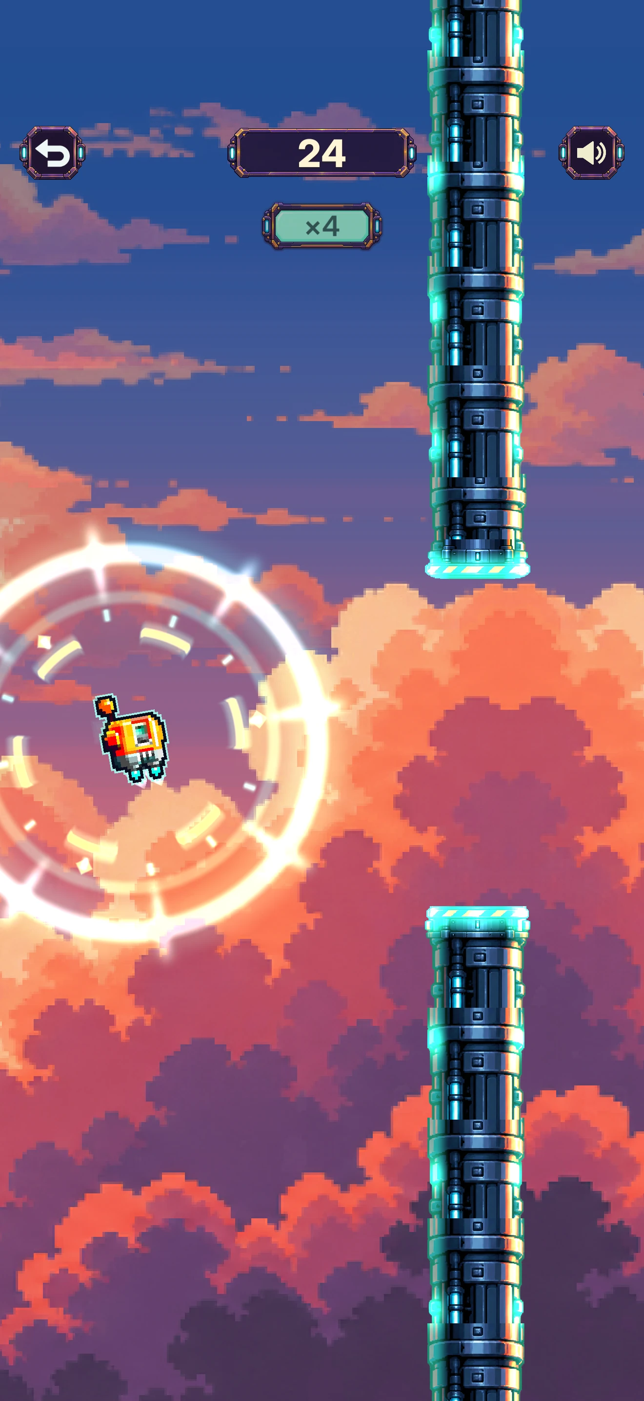 A Perfect Jump: a times-four multiplier badge under the score, an energy ring around the robot and glowing cyan pipes.