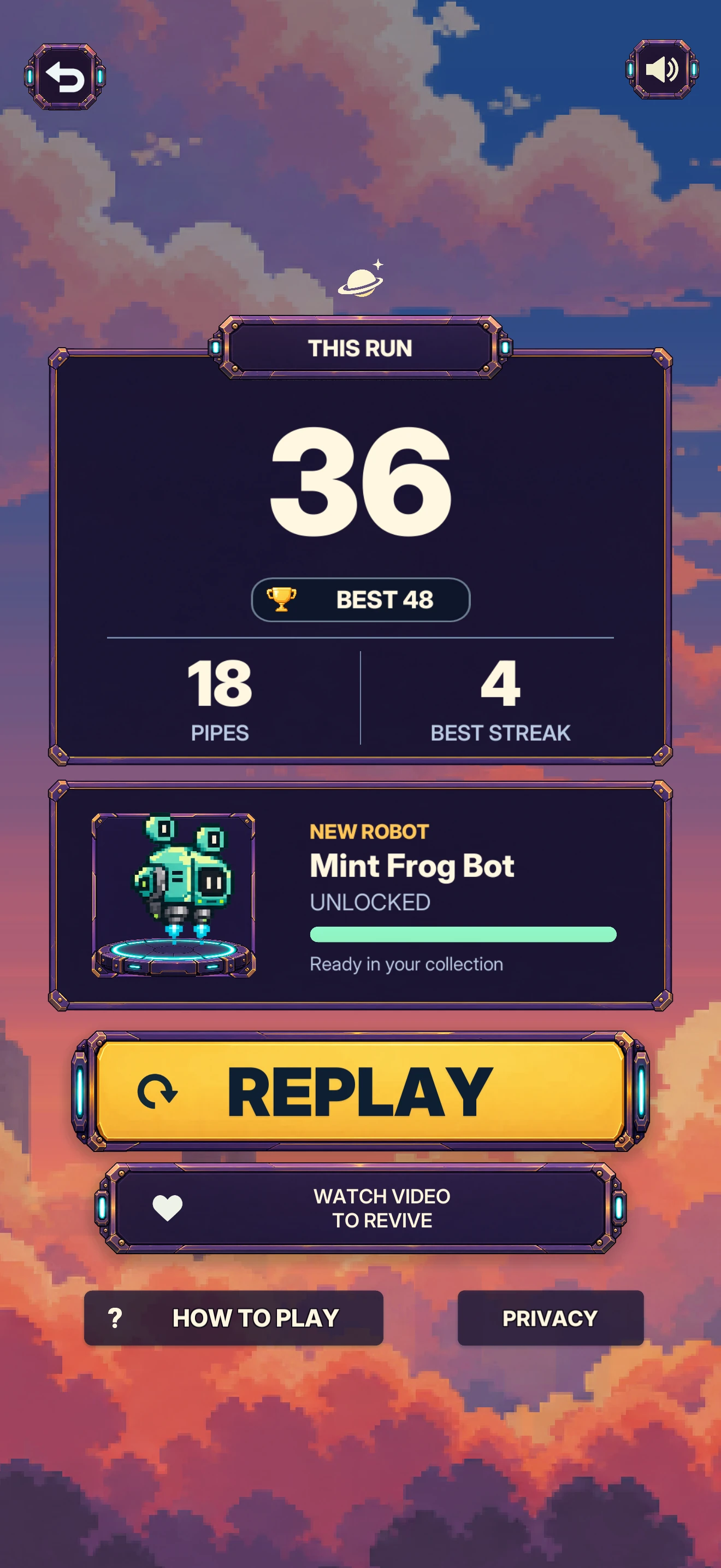 Run results with 36 points, 18 pipes, a best streak of four and Mint Frog Bot unlocked.